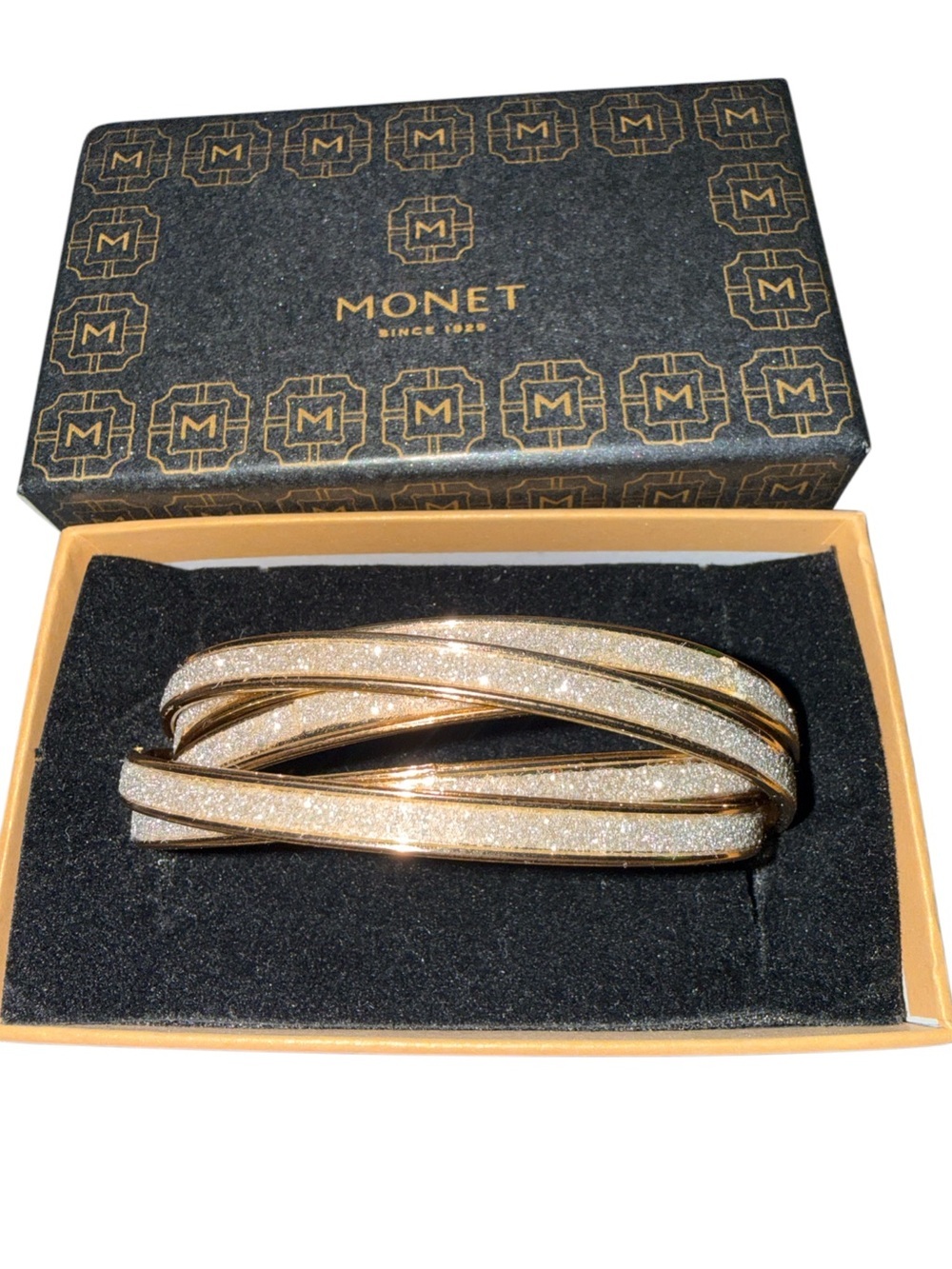 Monet Gold Tone Glitter Crossover Criss Cross Bangle Bracelet w/ Original Box